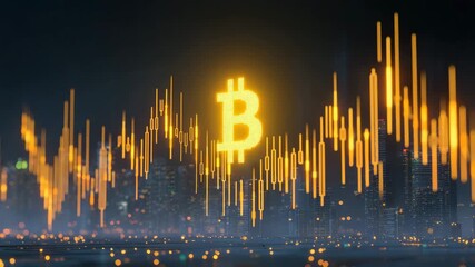 Cryptocurrency concept featuring glowing bitcoin symbol and financial candlestick chart overlay cityscape night, showcasing digital currency trading, investment, and finance opportunities with - Powered by Adobe