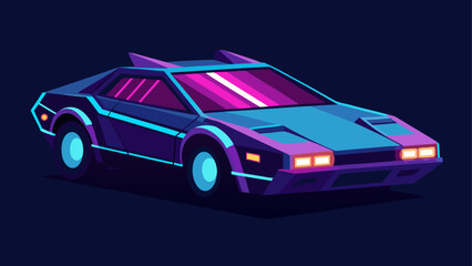 Futuristic cyberpunk car glowing with neon lights, sharp metallic edges, and glass cockpit, isolated on dark background, vector design for sci-fi city, night drive, and future energy themes.