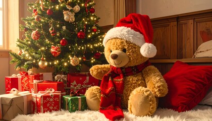 Teddy bear in Santa hat sitting by a Christmas tree with presents under the tree on a fur rug