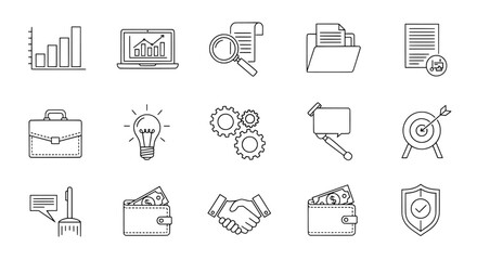 Collection of hand drawn business icons representing growth strategy finance technology innovation and success in a clean sketch style