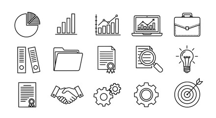 Collection of hand drawn business and finance icons representing growth analysis strategy and success in a clean sketch style