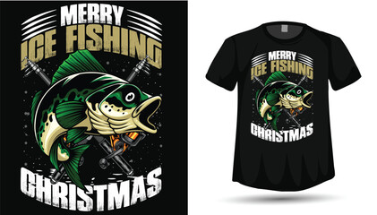 Merry Ice Fishing Christmas T-Shirt Design with Fish and Ice Auger Graphic Vector
