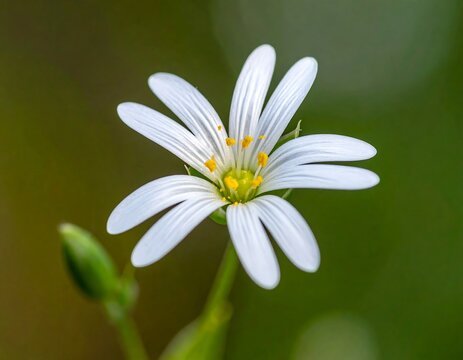 Close up of a white flower with slender petals and yellow stamens against a blurred green background in soft light