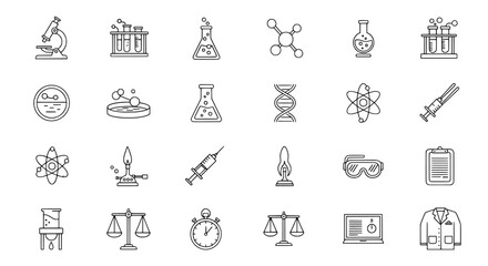 Collection of hand drawn medical and scientific icons representing healthcare research and innovation in a clean white background