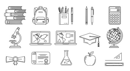 Collection of hand drawn school supplies and educational icons representing learning and knowledge