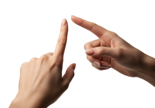 Minimalist Composition of Two Pale Hands Pointing in Opposite Directions on White Background
