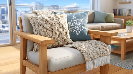 Cozy Beige Knit Blanket and Cushions on Modern Armchair in Bright Room