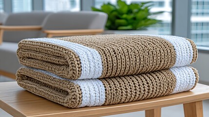 Cozy Beige Woven Knit Blanket on Wooden Table in Modern Interior Setting