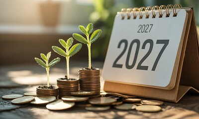 Young green plants growing on stacked coins beside a 2027 calendar, ideal for illustrating financial growth, long-term investment, and economic planning concepts