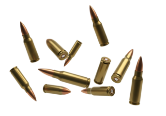 Ultra highresolution, professional studio photography of illustration of scattered rifle bullets isolated on transparent background