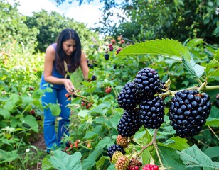 Woman picking blackberries in a garden (1)