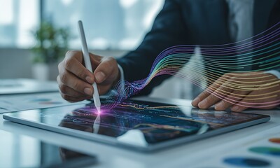 Close-up of person using stylus on digital tablet with colorful data visualization lines, ideal for illustrating creative technology and digital business innovation concepts