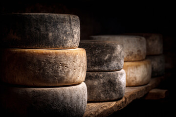 Fototapeta premium Cheese aging cellar, cheese wheels, aging gracefully to achieve their peak flavors. The setting underlines the traditional methods used in cheesemaking to produce such delicacies. Generative AI image