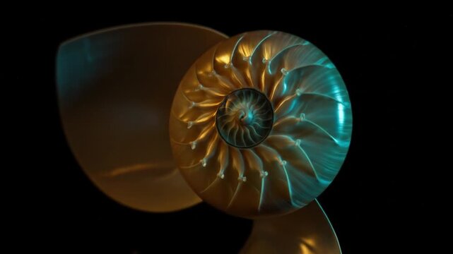 Detailed view of a nautilus shell illuminated with dramatic lighting