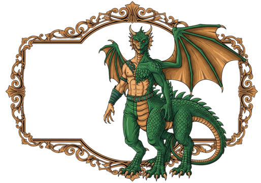 Mythical Dragon-Human Hybrid Standing Within Ornate Frame