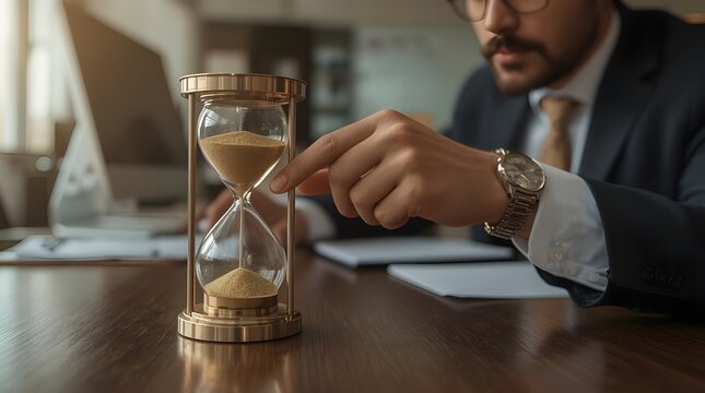 A polished hourglass with flowing golden sand, on a dark, shiny wooden table, next to a businessman's hand, highlights the concept of urgency and productivity.