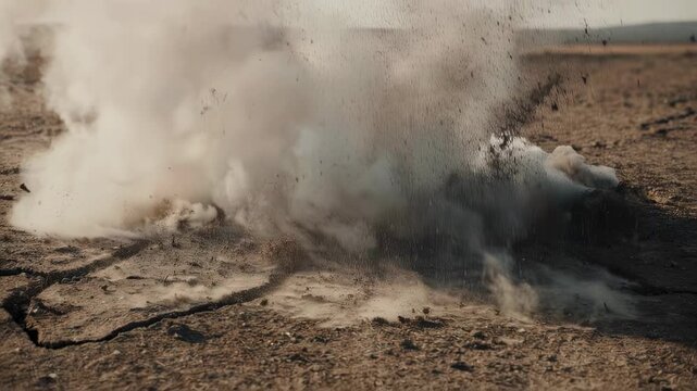 A dusty explosion erupts from cracked earth. Debris and smoke cloud the sky over a parched landscape