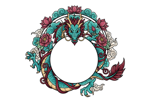Majestic Teal Dragon Embracing Flowers and Clouds, Asian Design