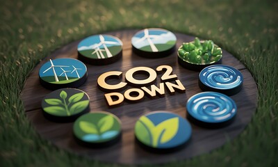 3D eco icons with wind turbines, leaves, water and grass surrounding CO2 reduction text, ideal for promoting renewable energy and environmental sustainability concepts