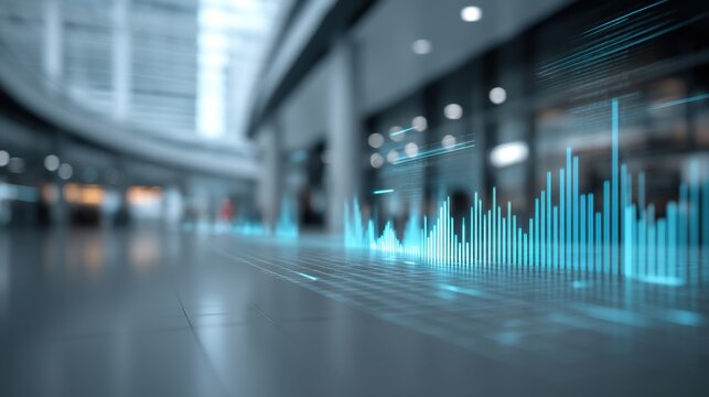 Abstract digital data visualization with glowing blue graphs on floor in modern business environment, representing analytics and technology concepts