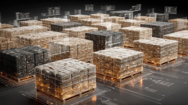 Detailed View of Modern Warehouse with Organized Pallets and Data Visualization for Inventory Management and Supply Chain Optimization