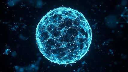 A rotating digital sphere of connected nodes. Glowing blue plexus network representing global data and communication. Futuristic technology and science background - Powered by Adobe