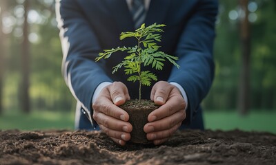 Businessman in suit holding young tree seedling with soil, symbolizing corporate responsibility and environmental sustainability for eco-friendly business campaigns