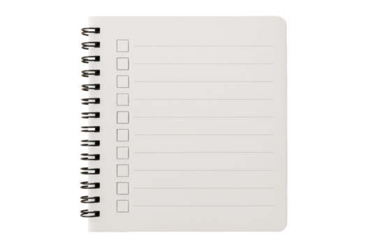 Spiral notebook with empty checkboxes and lines, isolated minimal style on white background. Clean design layout concept. Ai generative