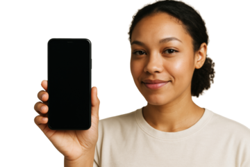Woman showing smartphone with empty screen, isolated style, white background. Concept of mockup, app promotion or digital template. Ai generative