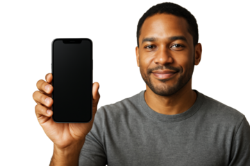 Smiling man holding smartphone with blank screen, closeup style, isolated on white background. Concept of app display, layout, or tech template. Ai generative