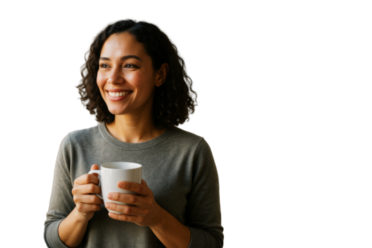 Portrait of smiling woman holding coffee mug, closeup photo style, isolated on white background, concept of warmth, comfort, and positivity. Ai generative - Powered by Adobe