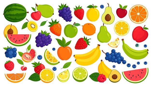 Colorful assortment of various fruits like watermelon, bananas, apples, and citrus slices against a white background - Powered by Adobe