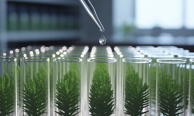 Green plant samples in glass test tubes with pipette drop, ideal for illustrating biotechnology research and sustainable agricultural innovations