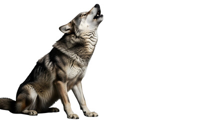 Fototapeta premium A majestic wolf sits and howls with its head tilted back.