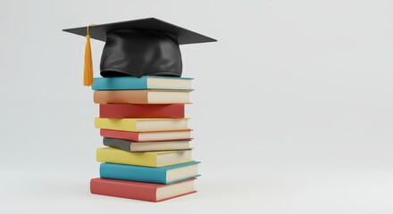 Stack of books with graduation cap symbolizing academic success and learning