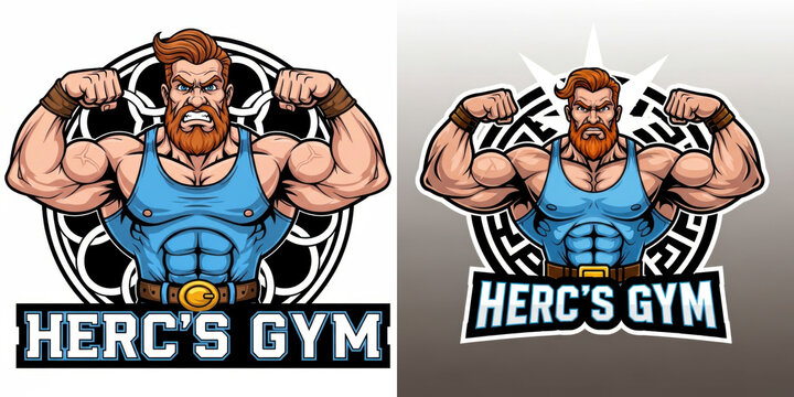 Powerful mascot Logo of a muscular, bearded man flexing his biceps, styled for a gym or fitness center with an aggressive and determined expression