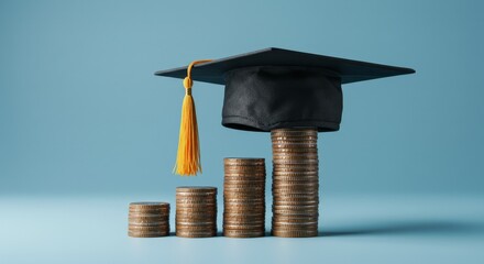 Higher education expenses concept showing graduation cap with piles of coins
