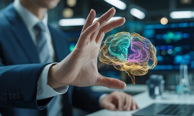 Business professional interacting with holographic brain model in modern tech environment, ideal for illustrating artificial intelligence and neuroscience innovation
