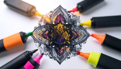 Colorful markers arranged around a vibrant abstract design