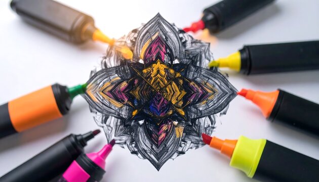 Colorful markers arranged around a vibrant abstract design