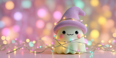 Cute pastel Halloween ghost with fairy lights