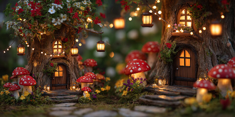 magical miniature fairy garden at the base of a tree