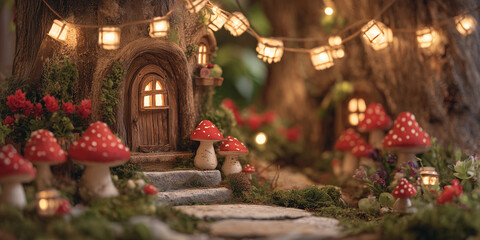 magical miniature fairy garden at the base of a tree