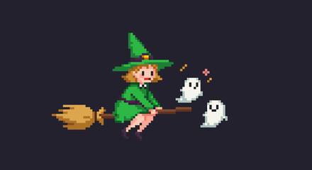 Charming pixel art witch in a green hat and dress, soaring on a broom with two little ghosts.