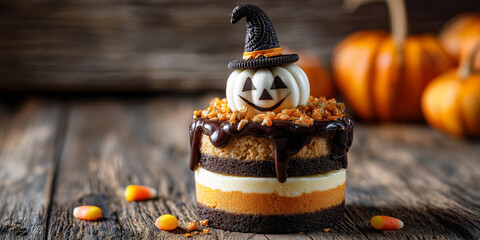 festive halloween dessert styled as a pumpkin cheesecake stack