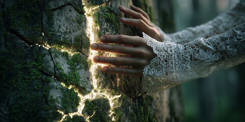 close-up of hands touching an ancient tree with glowing cracks of light
