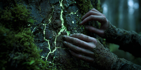 close-up of hands touching an ancient tree with glowing cracks of light