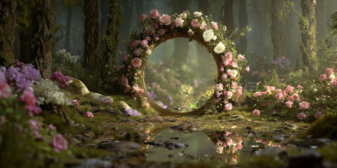 mystical round mirror standing in the middle of an enchanted forest