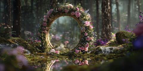 mystical round mirror standing in the middle of an enchanted forest