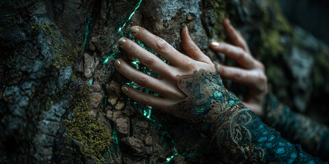 close-up of hands touching an ancient tree with glowing cracks of light